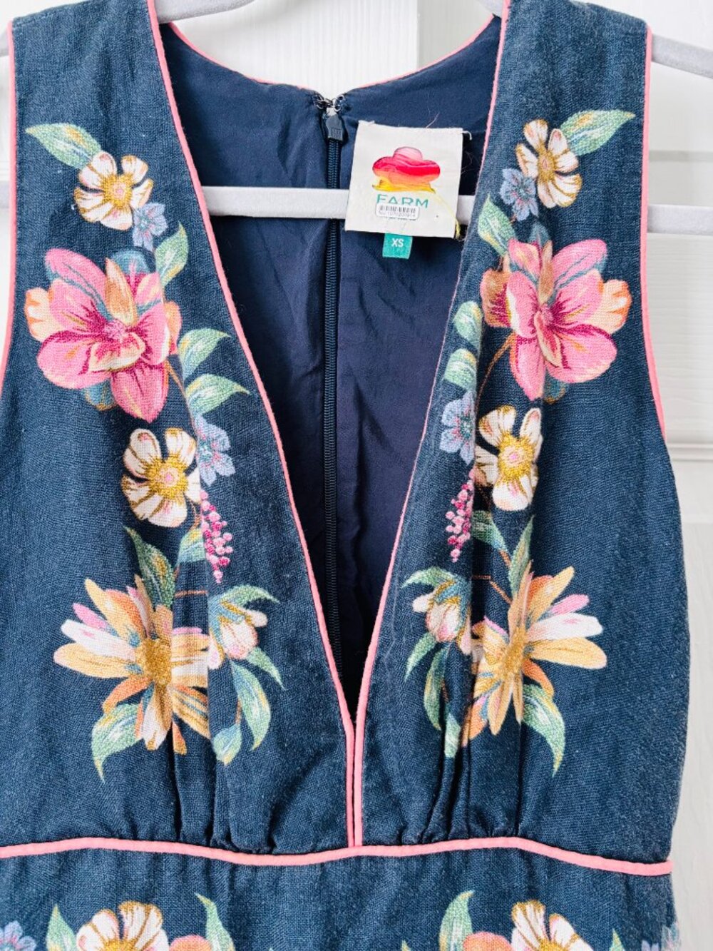 FARM Rio Maira Floral Linen Midi Dress Dark Blue V-Neck Sleeveless Fits S/M - Picture 5 of 8